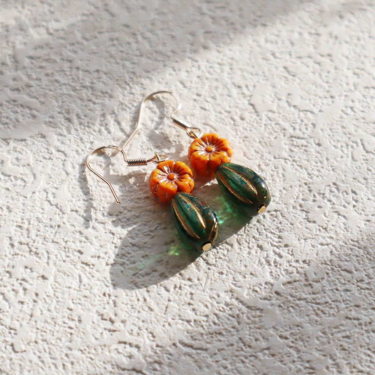 Boho Orange Flower and Green Vintage Bead Earrings