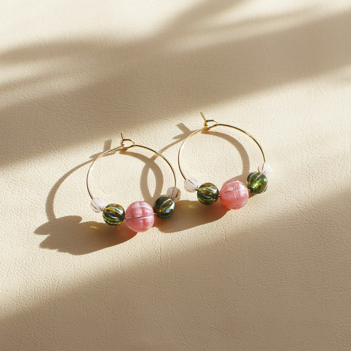 Beaded Hoop Earrings – Pink Bead with Green and White Beads