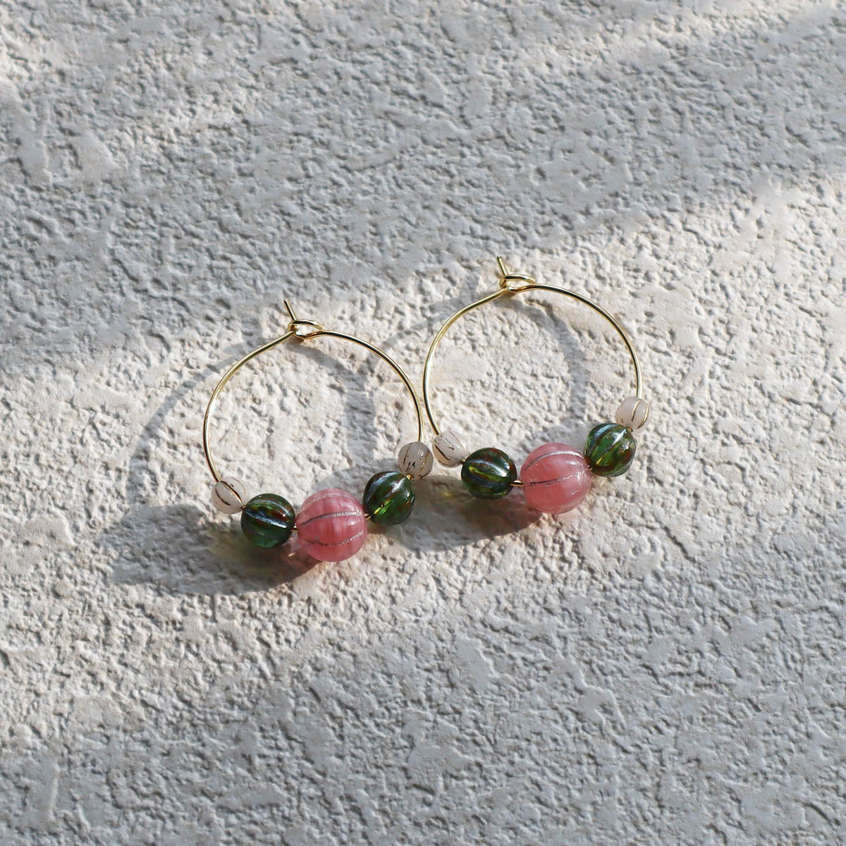 Beaded Hoop Earrings – Pink Bead with Green and White Beads