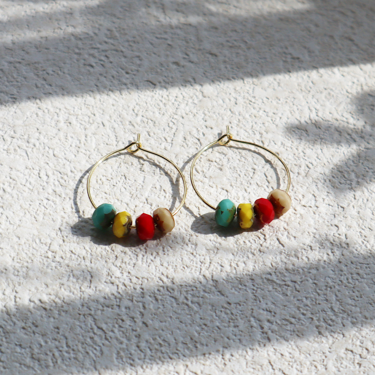 Handmade Hoop Earrings with Turquoise  Yellow Red and Champagne Beads