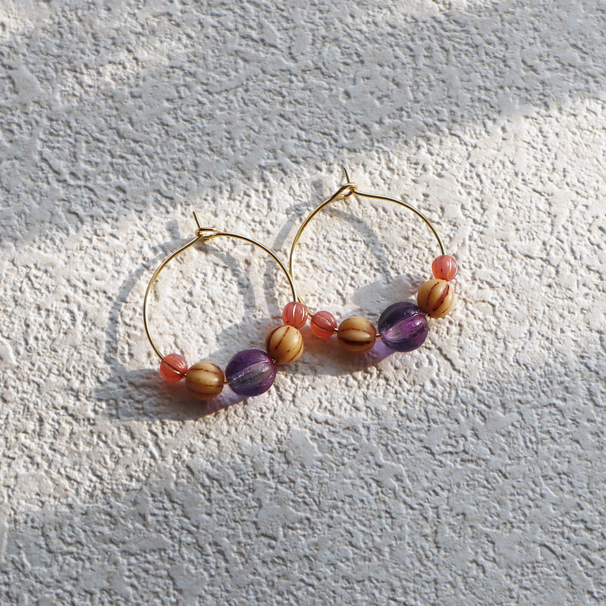Beaded Hoop Earrings – Purple Bead with Pink and Brown Beads
