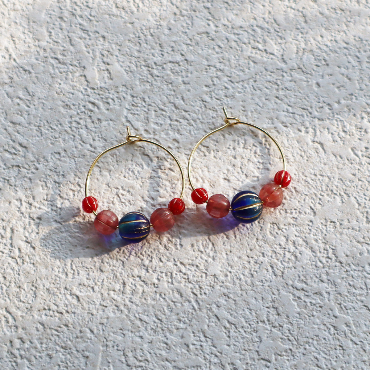 Hoop Earrings – Royal Blue Bead with Pink and Red Beads