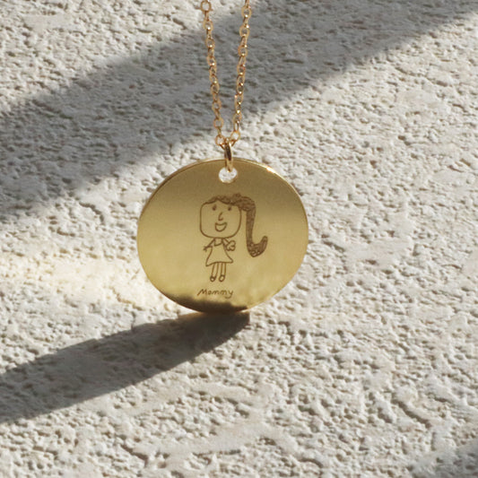 Custom Kid's Drawing Silver Round Disc Pendant Necklace for Men and Women