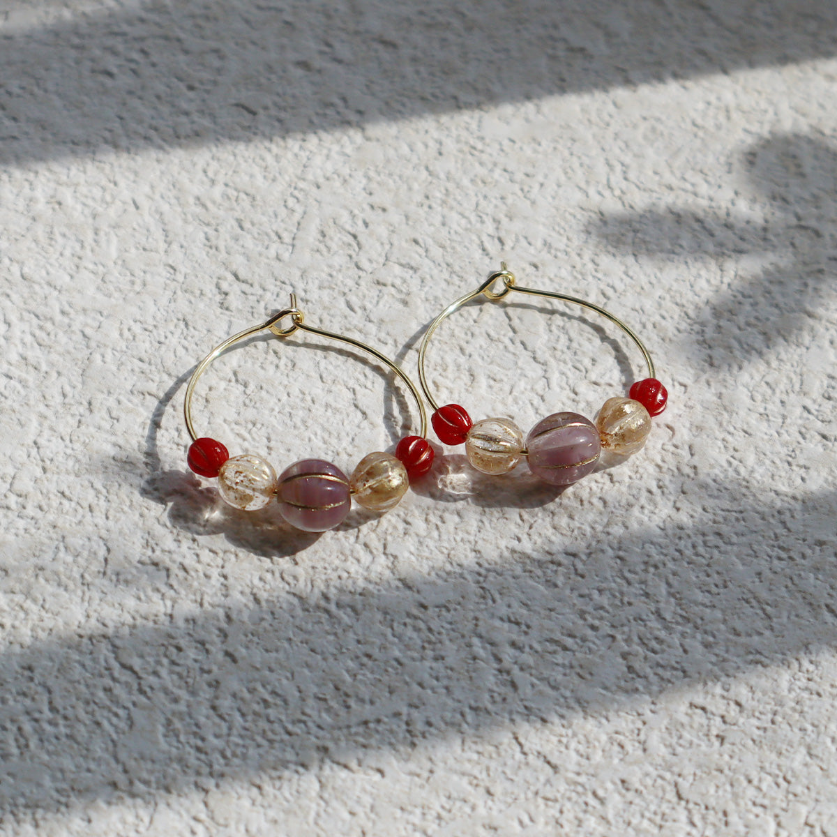 Beaded Hoop Earrings – Lilac Bead with Red and Gold Beads