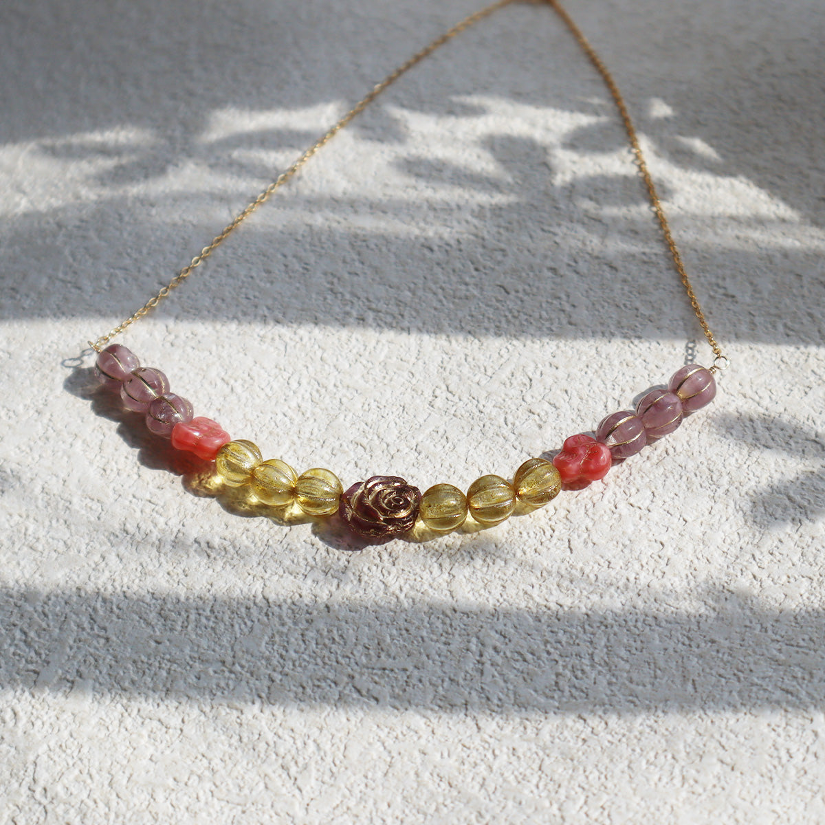 Lavender Flower Beaded Necklace – Yellow, Pink Beads