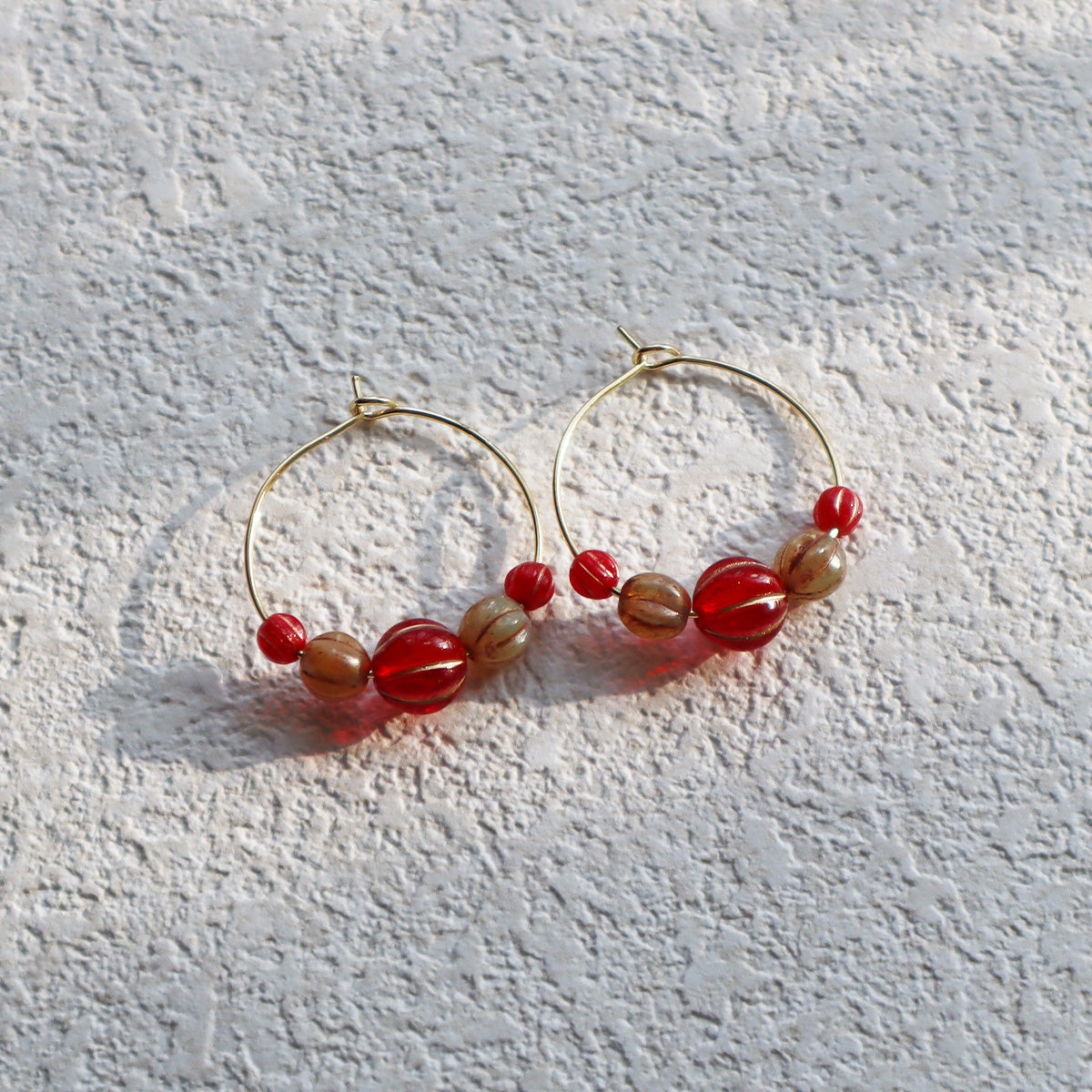 Beaded Hoop Earrings – Red Center with Brown and Red Beads