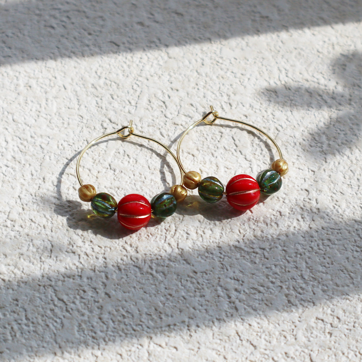 Beaded Hoop Earrings – Red, Green, Gold Beads