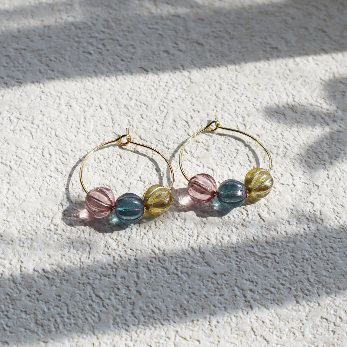 Three-Tone Bead Hoop Earrings – Misty Pink, Blue, Yellow