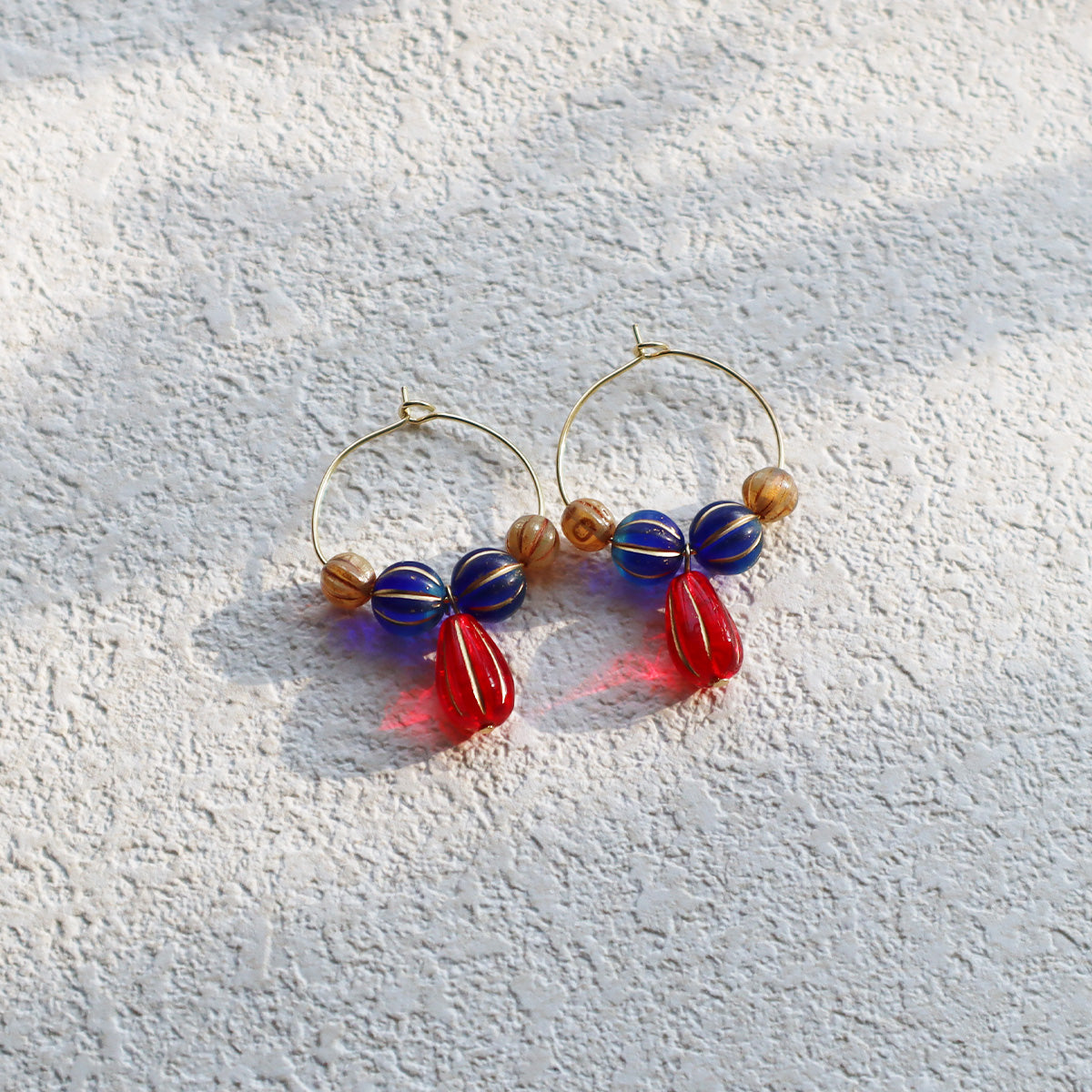 Red Pendant Beaded Hoop Earrings – Blue and Brown Beads