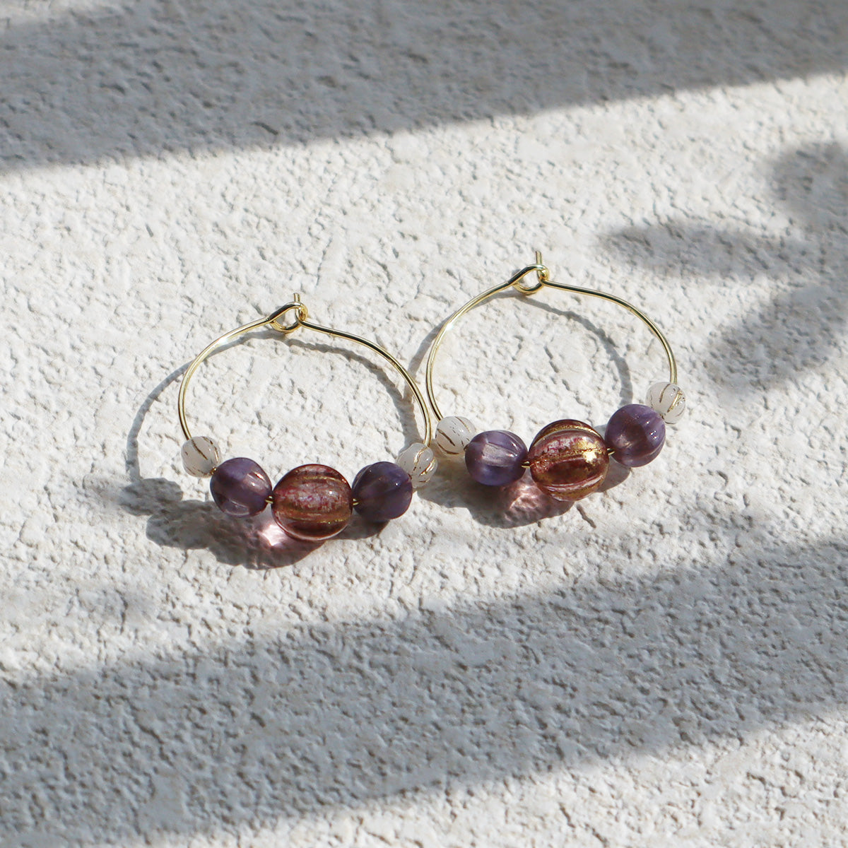 Handmade Light Purple Red Main Bead Hoop Earrings with Purple and White Beads