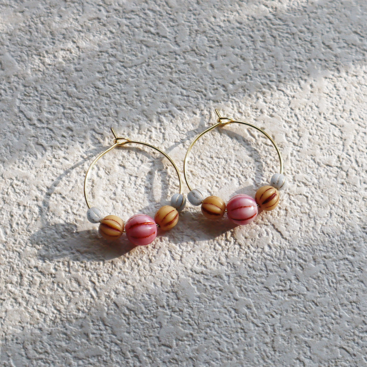 Pink Bead Hoop Earrings – Light Blue and Brown Beads