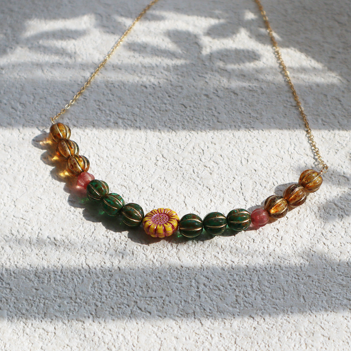 Vintage Yellow Flower Beaded Necklace – Green, Brown Beads