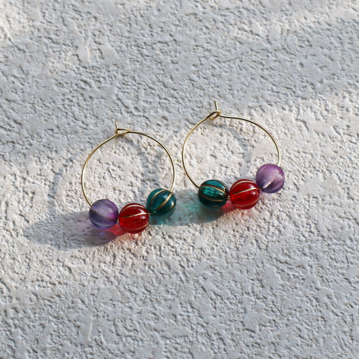Colorful Hoop Earrings – Purple, Red, Green Beads