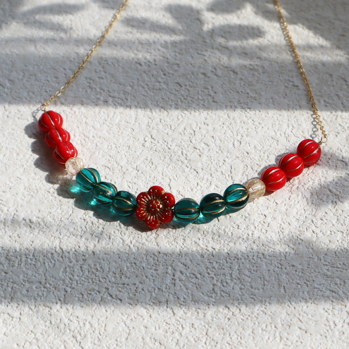 Red Floral Beaded Necklace – Red and Blue Beads
