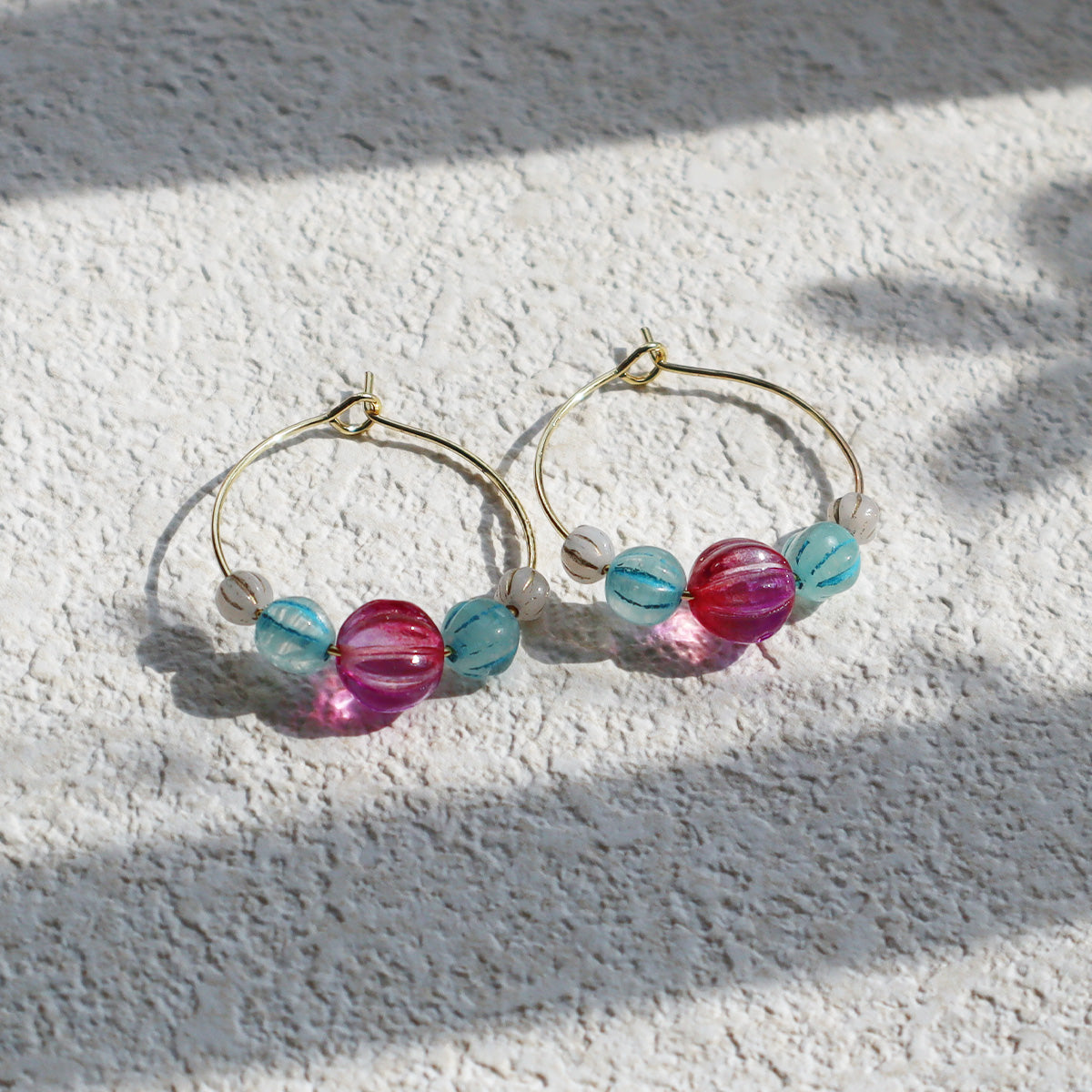 Delicate Pink Bead Hoop Earrings – Blue and White Accents