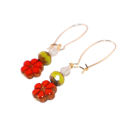 Red Floral Beaded Earrings – Green and White Beads