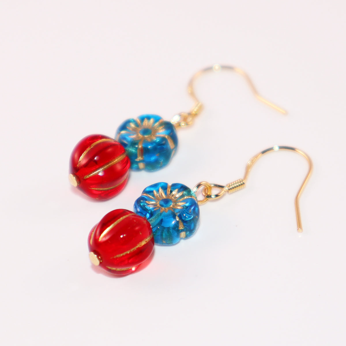 Beaded Earrings – Blue Flower and Red Accent Beads
