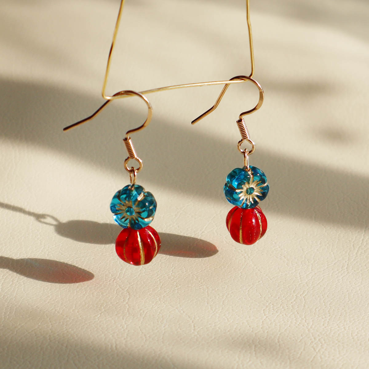 Beaded Earrings – Blue Flower and Red Accent Beads