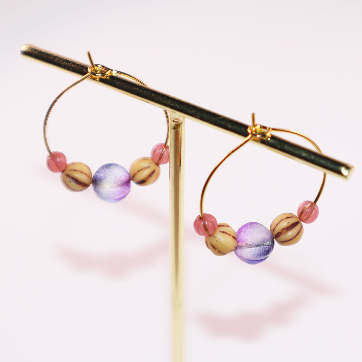 Beaded Hoop Earrings – Purple Bead with Pink and Brown Beads