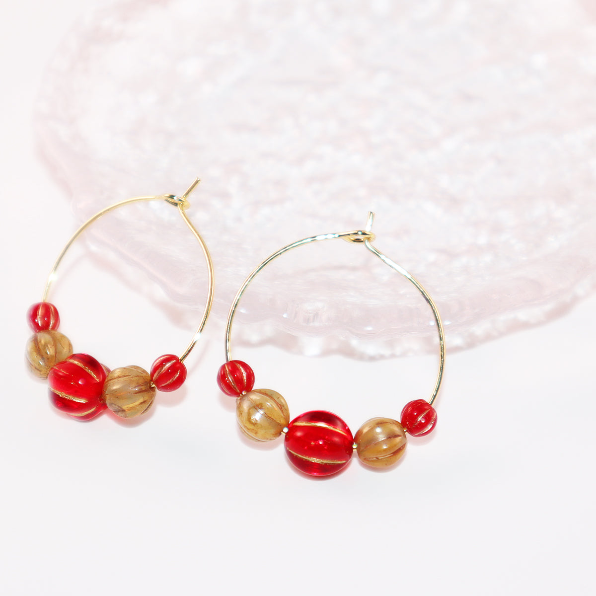 Beaded Hoop Earrings – Red Center with Brown and Red Beads