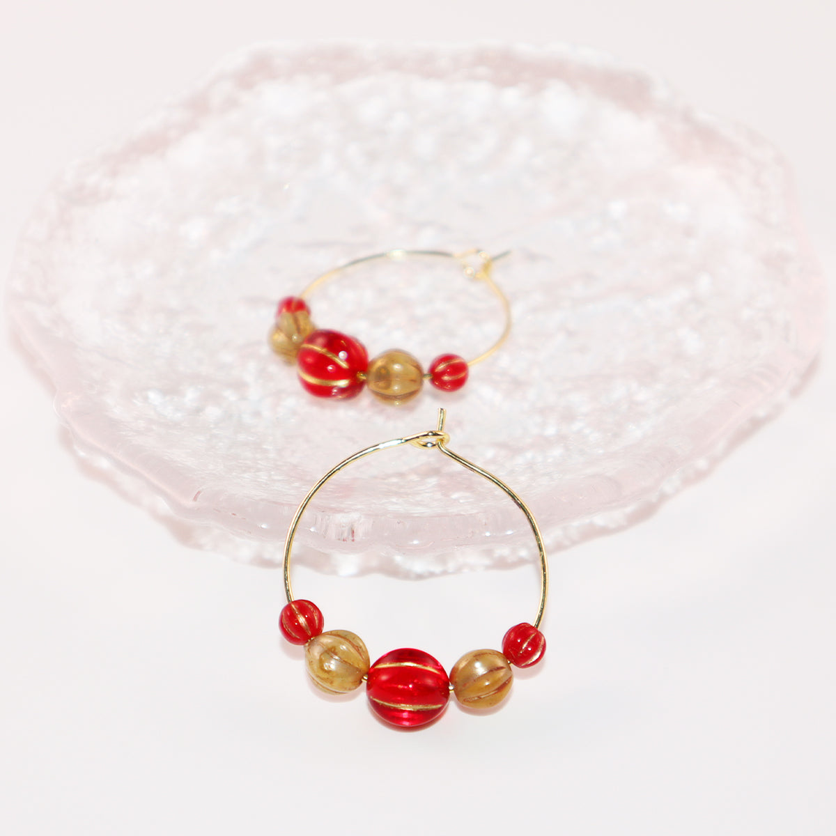 Beaded Hoop Earrings – Red Center with Brown and Red Beads