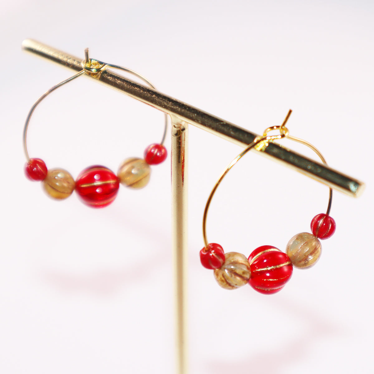 Beaded Hoop Earrings – Red Center with Brown and Red Beads