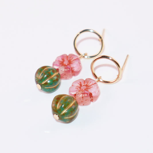 Beaded Stud Earrings – Pink Flower with Green Beaded Drop