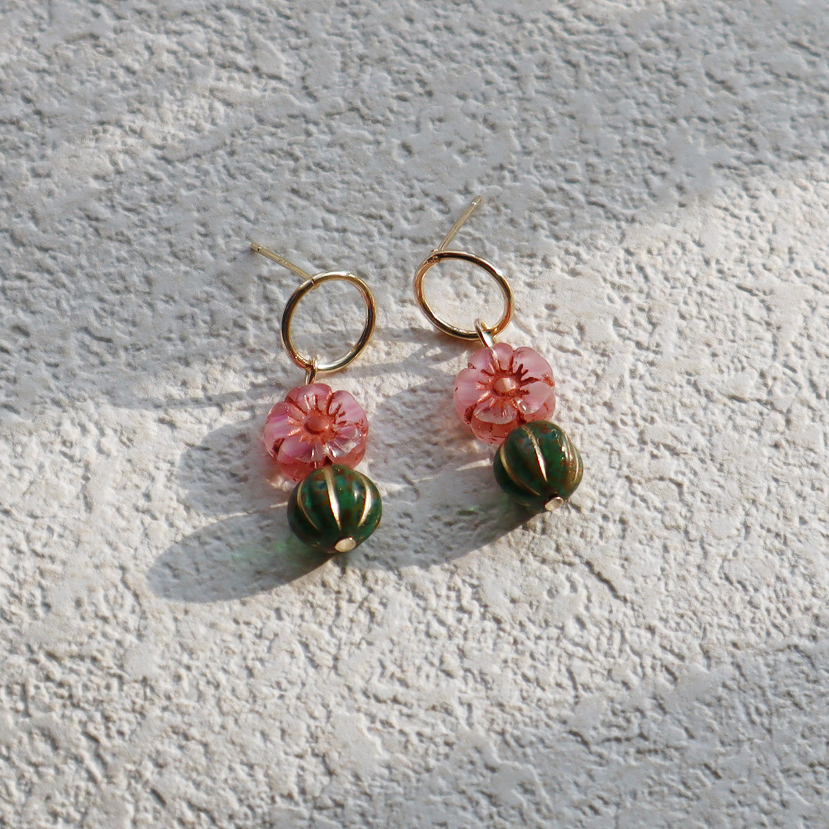Beaded Stud Earrings – Pink Flower with Green Beaded Drop