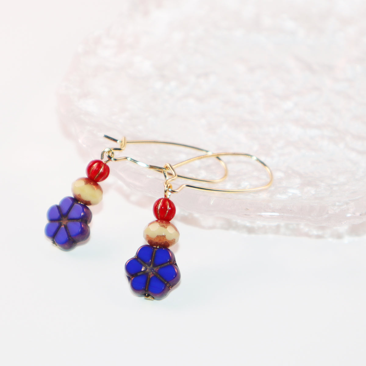 Blue Flower Beaded Earrings – Champagne and Red Beads