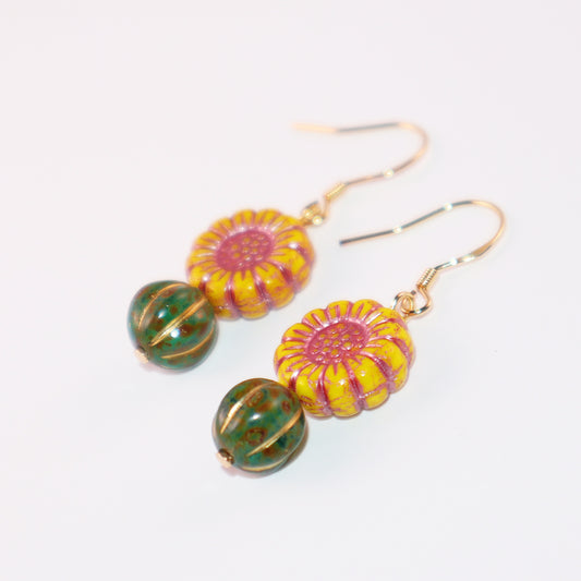 Boho Bead Earrings – Yellow Flowers and Vintage Green Beads