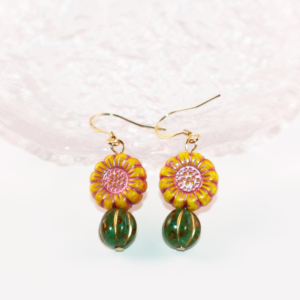 Boho Bead Earrings – Yellow Flowers and Vintage Green Beads