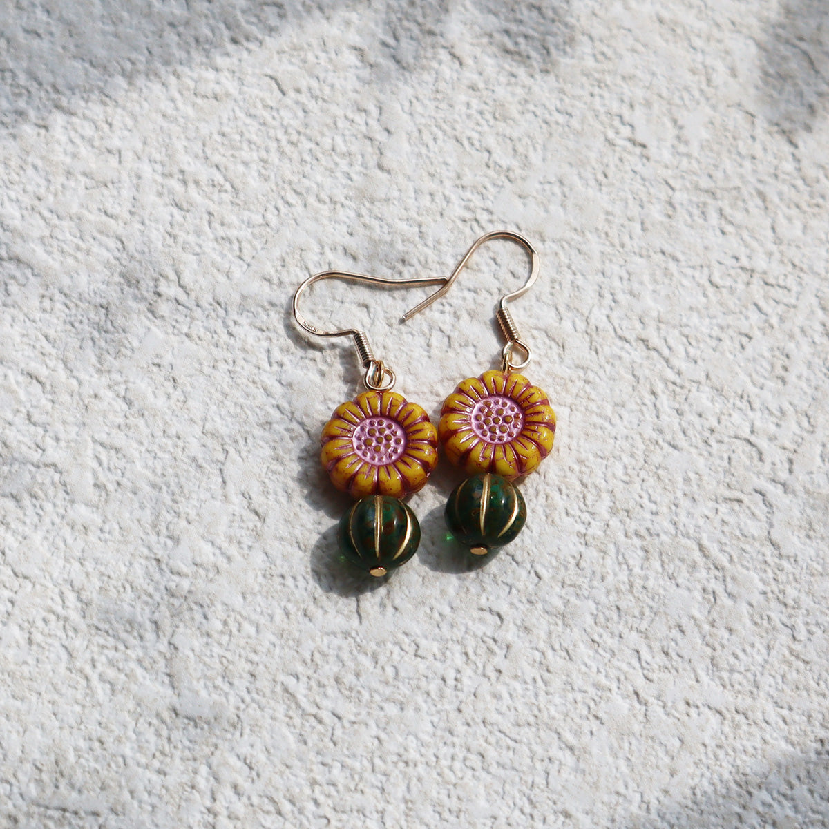 Boho Bead Earrings – Yellow Flowers and Vintage Green Beads