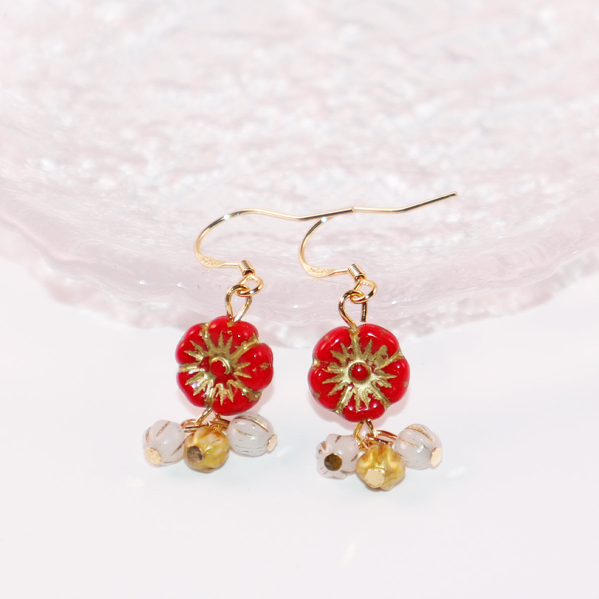 Floral Drop Earrings – Red Flower with White and Gold Beads