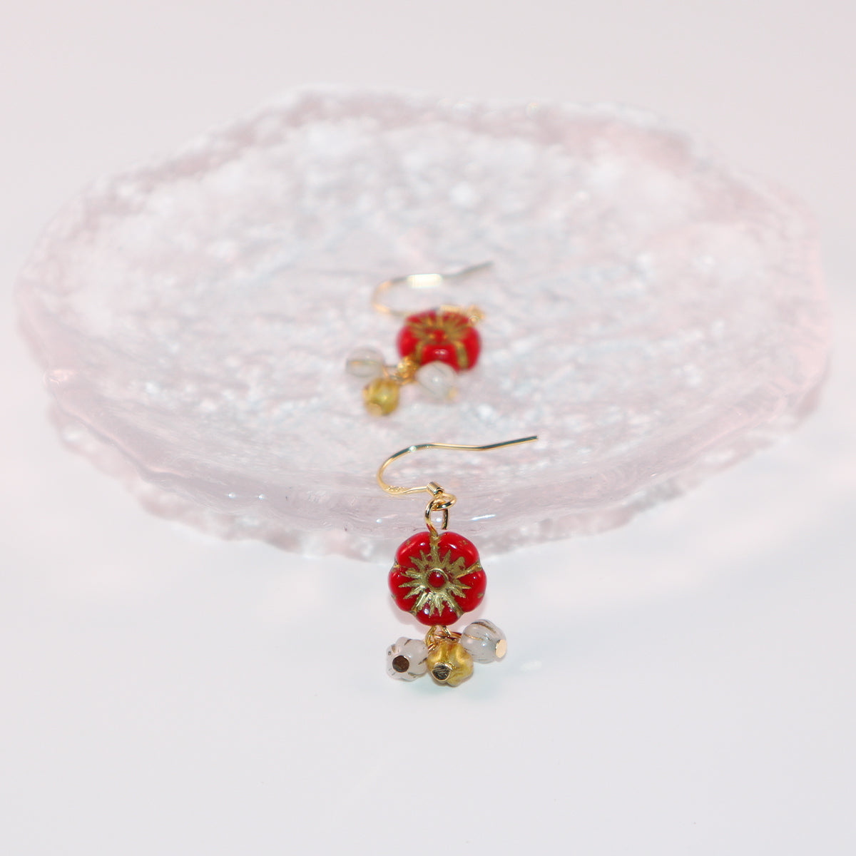 Floral Drop Earrings – Red Flower with White and Gold Beads
