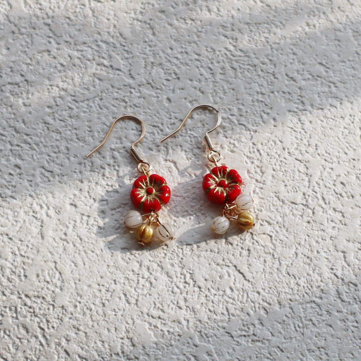 Floral Drop Earrings – Red Flower with White and Gold Beads