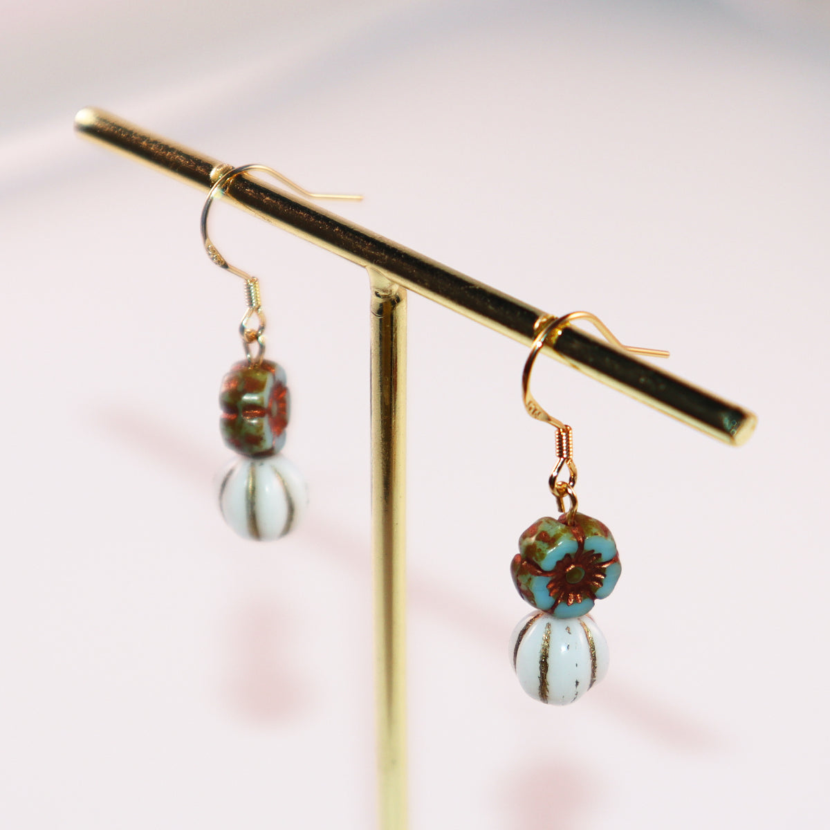 Floral Bead Earrings – Retro Flower and White Beads