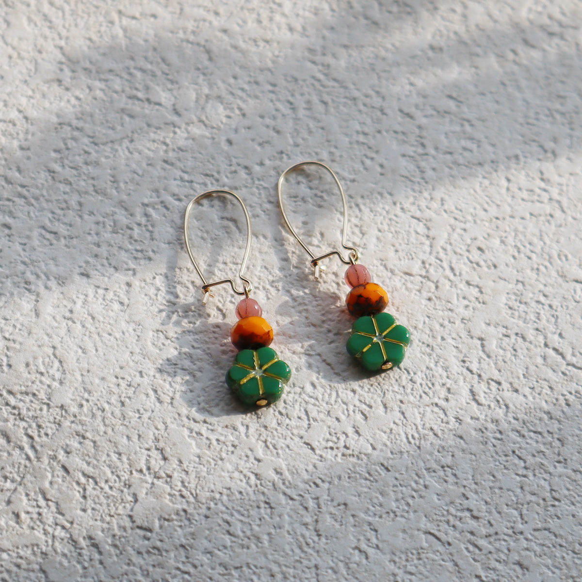 Green Floral Beaded Earrings – Orange and Pink Beads