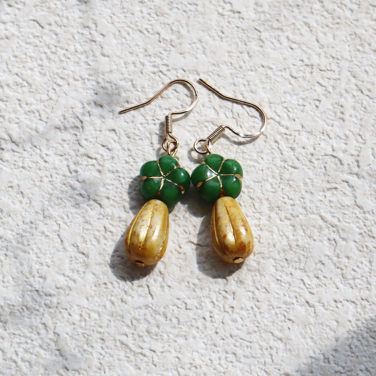 Green Flower Beaded Earrings – Green and Yellow Beads