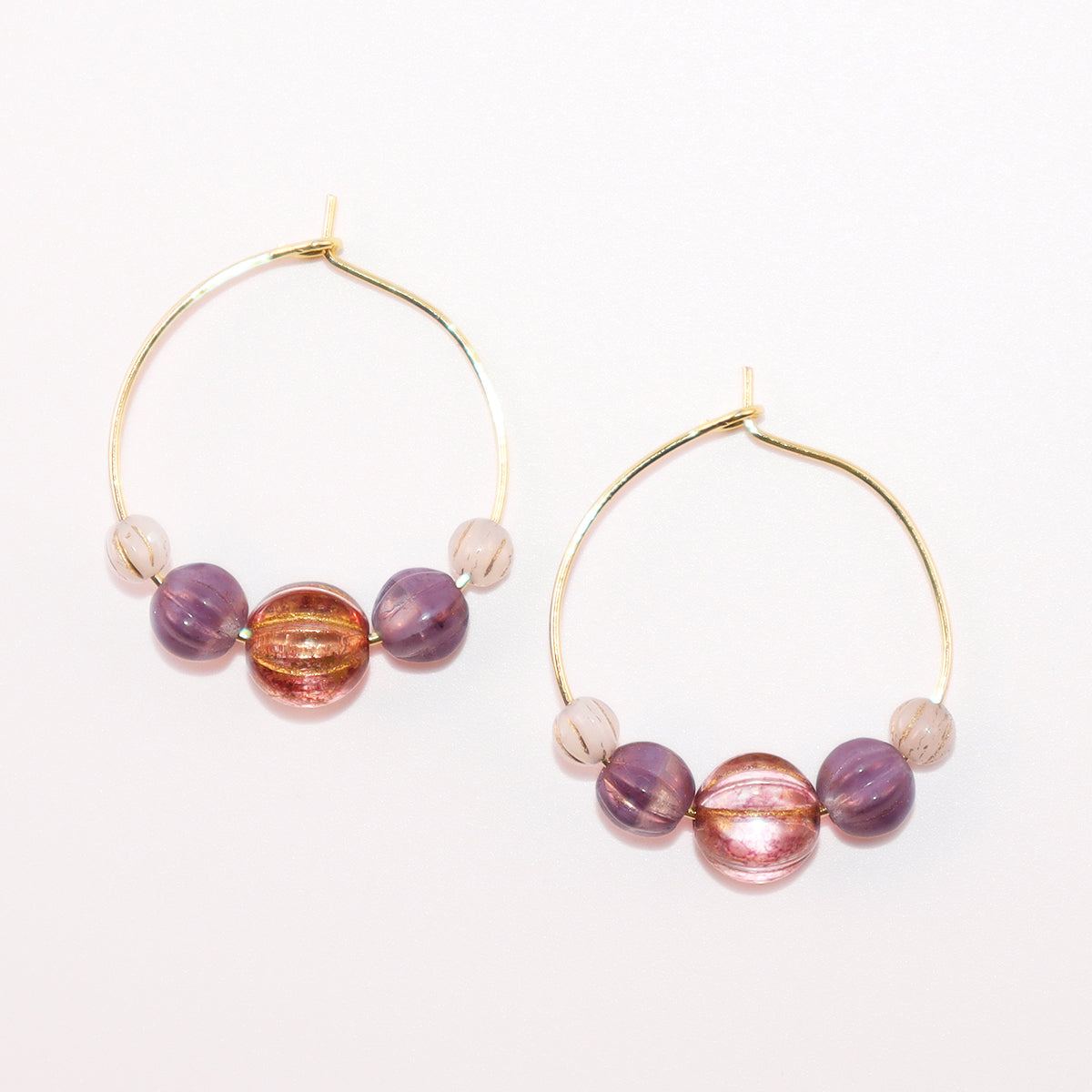 Handmade Light Purple Red Main Bead Hoop Earrings with Purple and White Beads
