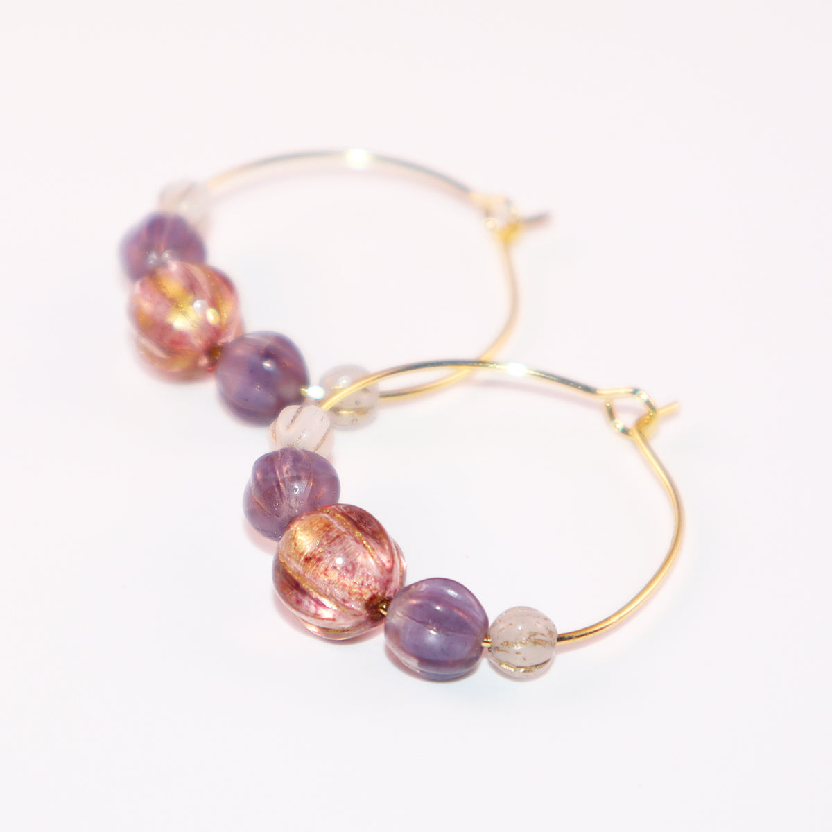 Handmade Light Purple Red Main Bead Hoop Earrings with Purple and White Beads