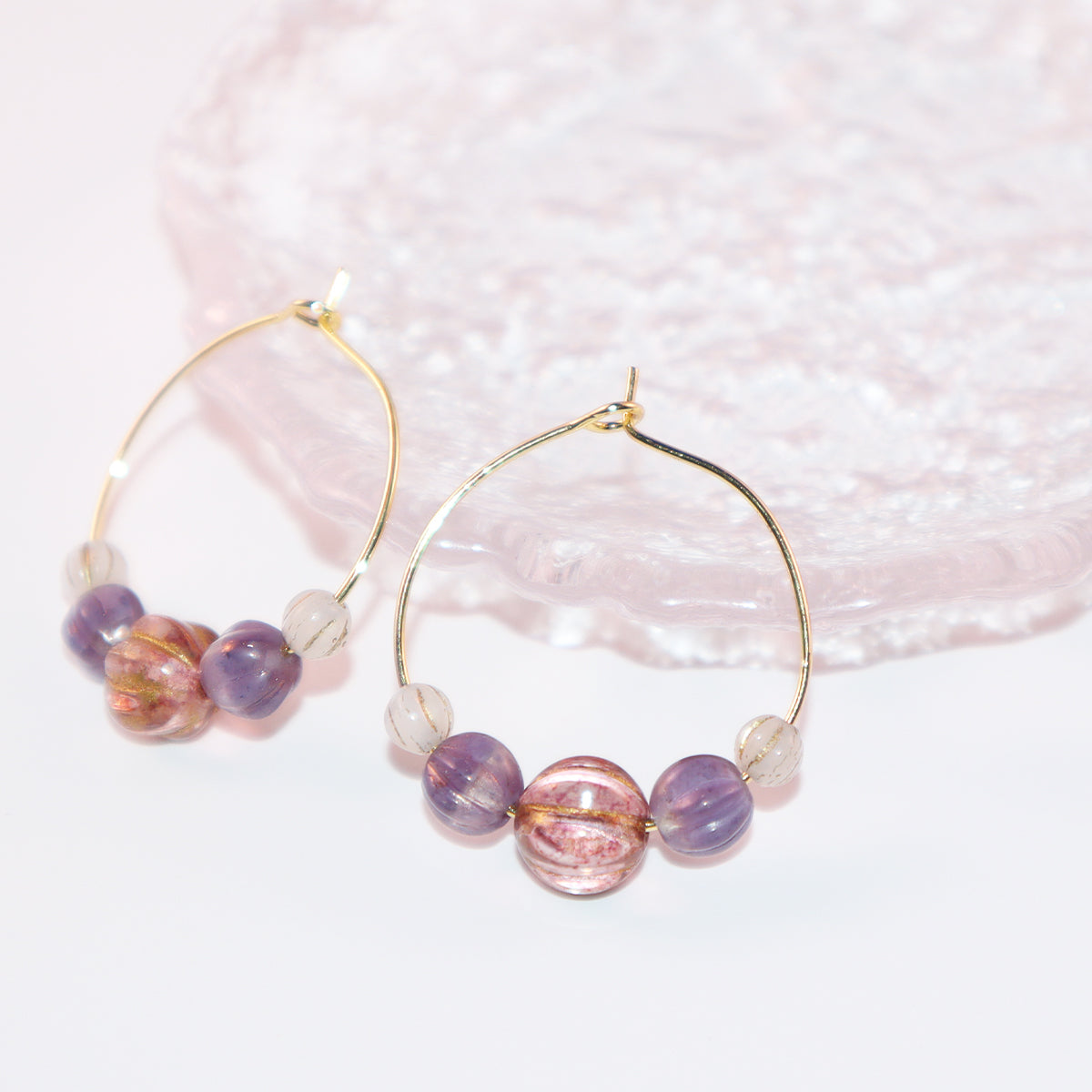 Handmade Light Purple Red Main Bead Hoop Earrings with Purple and White Beads