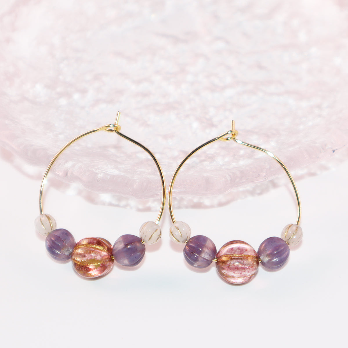 Handmade Light Purple Red Main Bead Hoop Earrings with Purple and White Beads