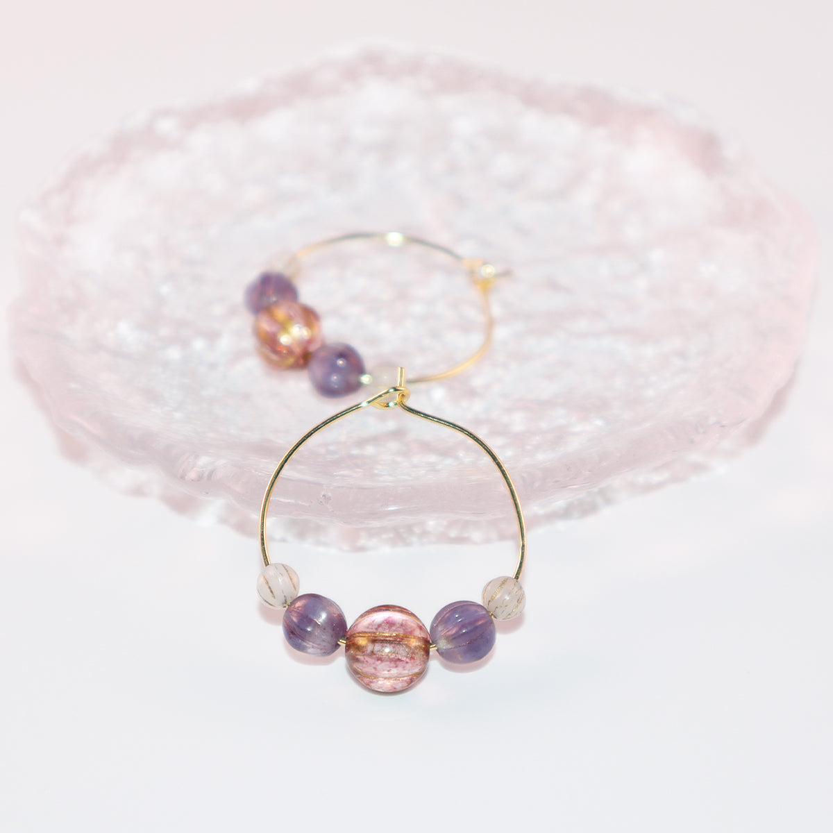 Handmade Light Purple Red Main Bead Hoop Earrings with Purple and White Beads