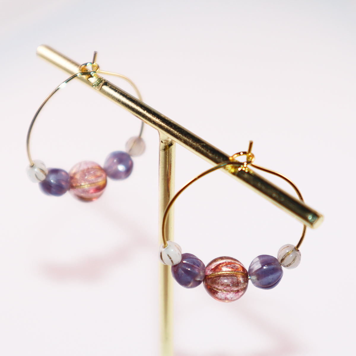 Handmade Light Purple Red Main Bead Hoop Earrings with Purple and White Beads