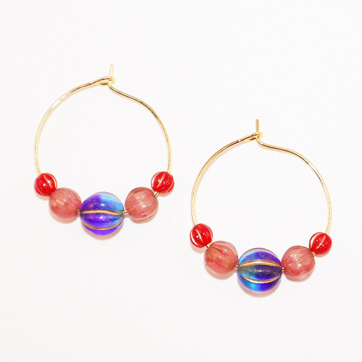 Hoop Earrings – Royal Blue Bead with Pink and Red Beads