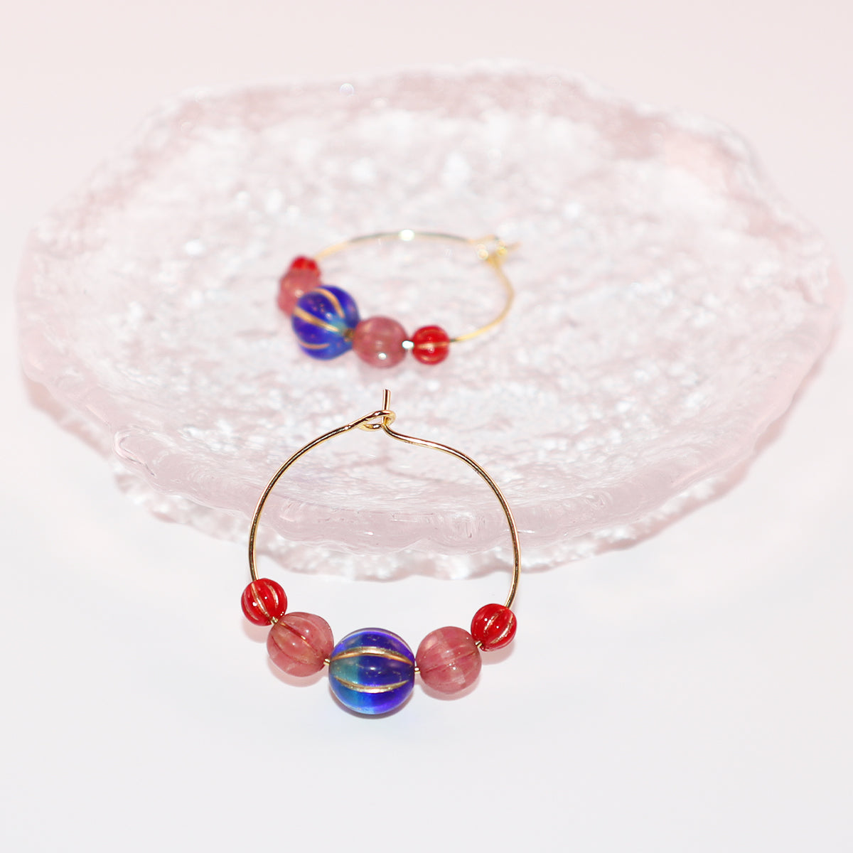 Hoop Earrings – Royal Blue Bead with Pink and Red Beads