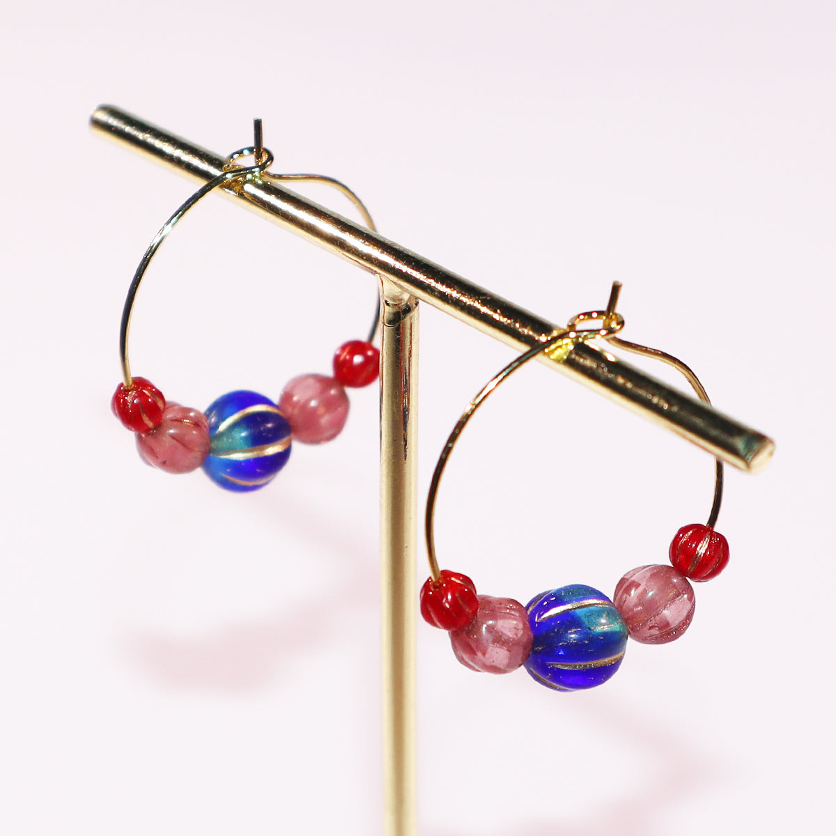Hoop Earrings – Royal Blue Bead with Pink and Red Beads