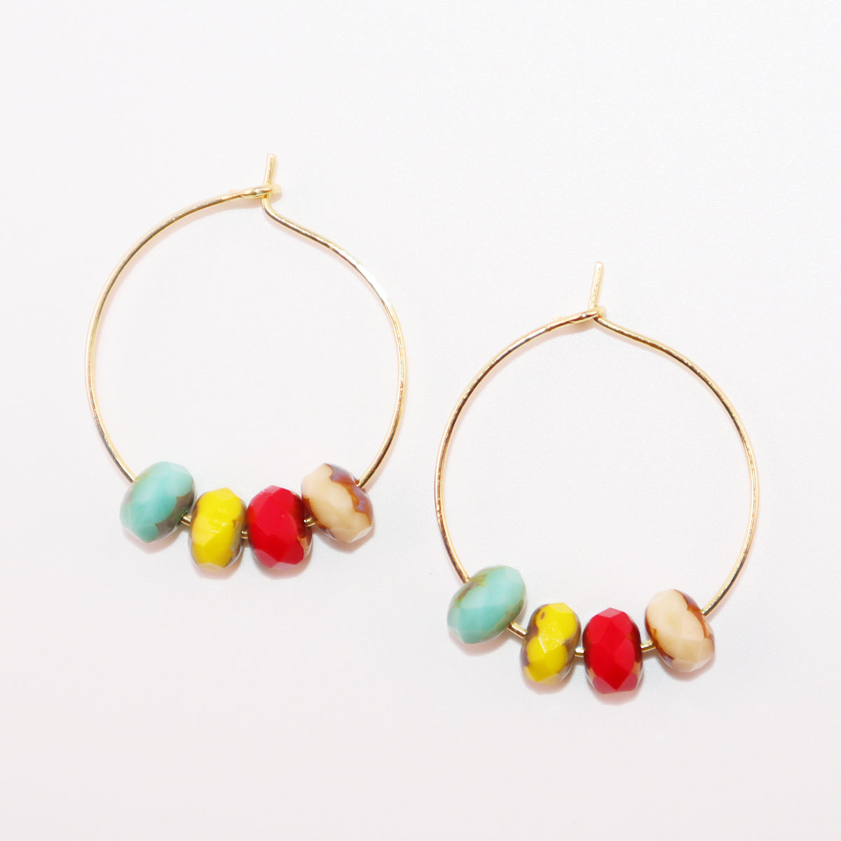 Handmade Hoop Earrings with Turquoise Yellow Red and Champagne Beads
