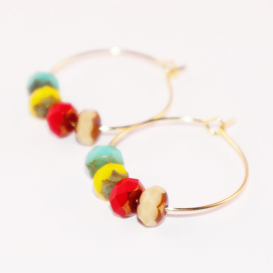 Handmade Hoop Earrings with Turquoise  Yellow Red and Champagne Beads