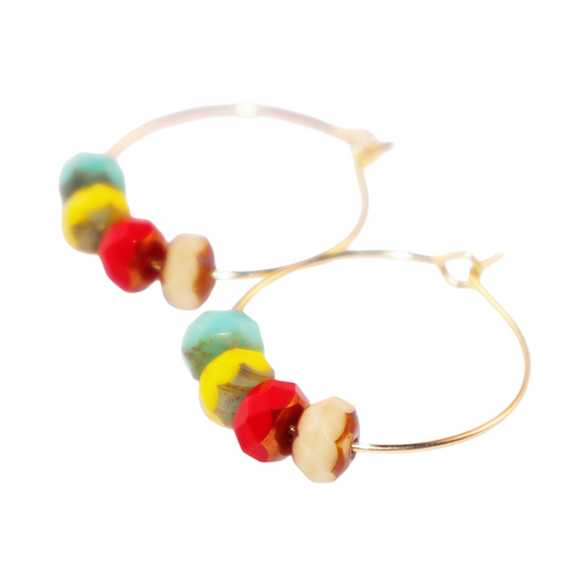 Handmade Hoop Earrings with Turquoise Yellow Red and Champagne Beads
